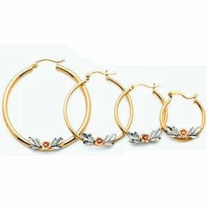 Plain 2.5mm 14k Tri Tone Gold Flower Hoop Earrings Flor Oro Aretes Arracadas - Picture 1 of 7