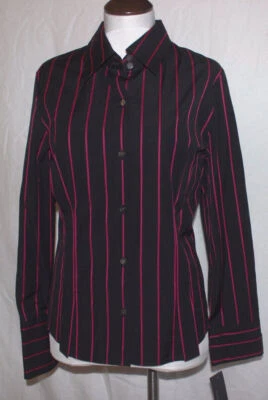New Kenneth Cole Womens Blouse Shirt Top Black w Ruby Stripes Fitted Medium - Image 1 of 3