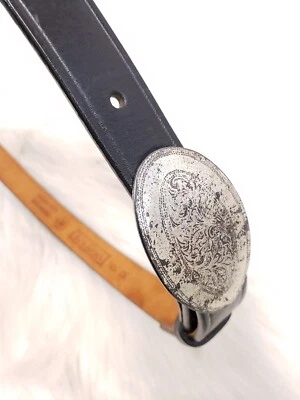 🌺Lands End Western Cinturón Mujer 30 Placa Grabada Hebilla Correa Cuero Negro Foto 1 de 4