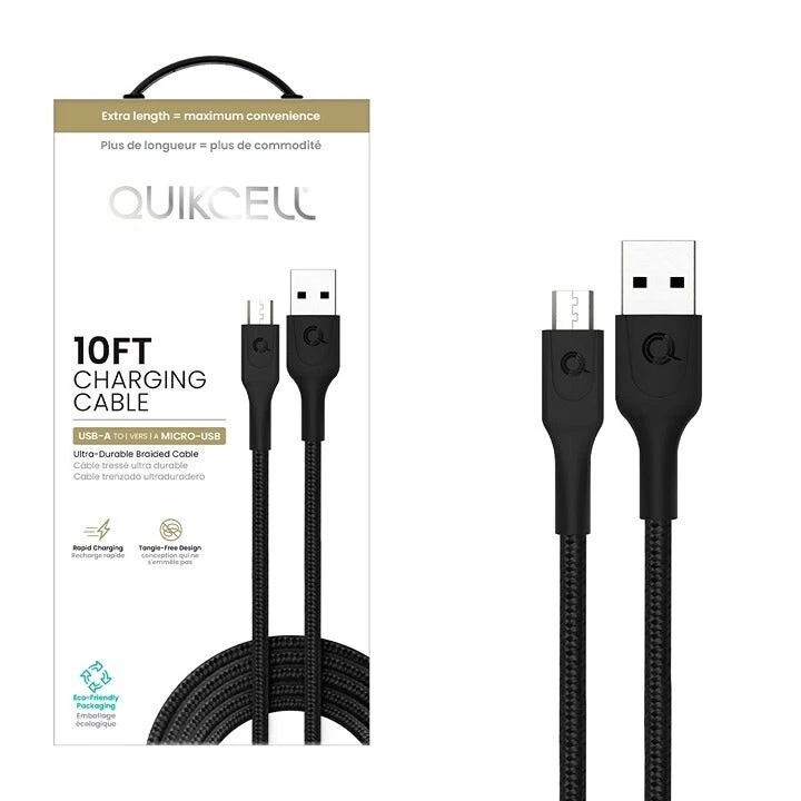 QUIKCELL 10ft FAST CHARGE CABLE Micro-USB to USB-A for older androids - Image 1 of 4