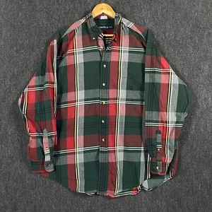 Nautica Mens XL Long Sleeve Button Down Shirt Green Red Plaid Pocket Grunge 90s - Picture 1 of 13