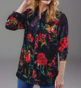 Soft Surroundings Button Up Top Tunic XL Black Velvet Dark Floral Moody Artsy - Picture 1 of 11