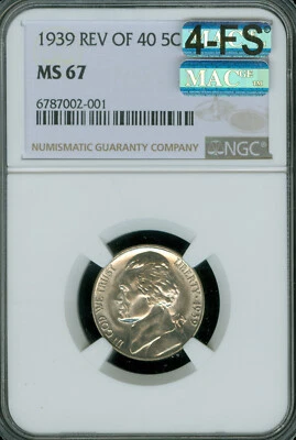 1939 REVERSE 40 JEFFERSON NICKEL NGC MS67 MAC 4FS & MAC SPOTLESS . - Image 1 of 2