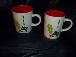 Starbucks Coffee Mugs Christmas 2011 Holly Coffee Cups 9 oz Lot of 2  - Picture 1 of 3