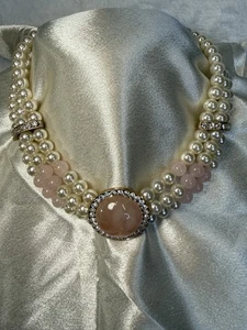 Collar Gargantilla De Colección Cuarzo Rosa Cabujón 3 Hilos Imitación Perla Estrás Cristal - Imagen 1 de 16