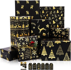 Geschenkpapier Weihnachten, 6 Bögen Schwarz-Goldene Weihnachts-Geschenkpapier  - Bild 1 von 12
