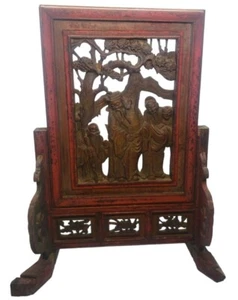 Antique Chinese Scholar Table Screen Carved Wood Scene Screen Panel 19th Century - Picture 1 of 12