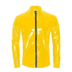 Men Moto Zipper Jacket Tops Glossy PVC Leather Jacket Outdoor Golf Coat Costumes - Picture 1 of 23