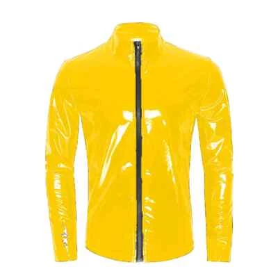 Men Moto Zipper Jacket Tops Glossy PVC Leather Jacket Outdoor Golf Coat Costumes - Image 1 of 4