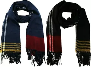 Itzu Co. Doux Tissé Tricot Rayé Gland Bord Long Chaud Hiver Écharpe Noir Marine - Picture 1 of 3