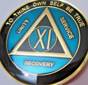 Teal Blue AA Alcoholics Anonymous 11 year Medallion Black Gold Token Coin Chip - Picture 1 of 8