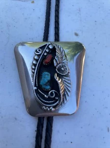 Vintage Silver Native American Turquoise &  Coral Bolo Tie 18" - Picture 1 of 4