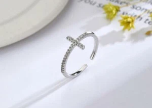 Silver Faith Cross Pave Cubic Zirconia White Gold Promise Adjustable Band Ring - Picture 1 of 2