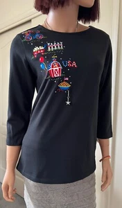 Quacker Factory 3/4 Sleeve T-Shirt with Fun Dangle Black USA - Size XXS *NEW* - Picture 1 of 4