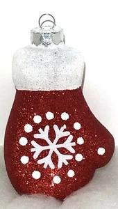 Merry Christmas Red Glittery Mitten Glass Ornament - Picture 1 of 2