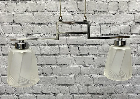 ART DECO CEILING LIGHT CHROME STEM SUNRISE OPAQUE GLASS SHADES ORIGINAL 1930s Cover