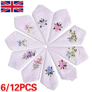 6/12Pcs Ladies Handkerchiefs 100% Cotton Hankies Flower Corner Embroidered Lace - Picture 1 of 21