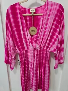 Women's BiBi Pink Tie Dye Print V Neck Mid Sleeve Mini Dress Size Small SM NWT - Picture 1 of 5