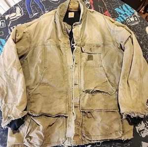 Vtg 80s Thrashed Carhartt Faded Green XL 5 Pocket Button Chore Jacket - Picture 1 of 12