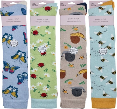 FEATHERS AND FLUFF Ladies/girls Knee High Equestrian Wellington Boot Socks Garden Design 4-8 UK
