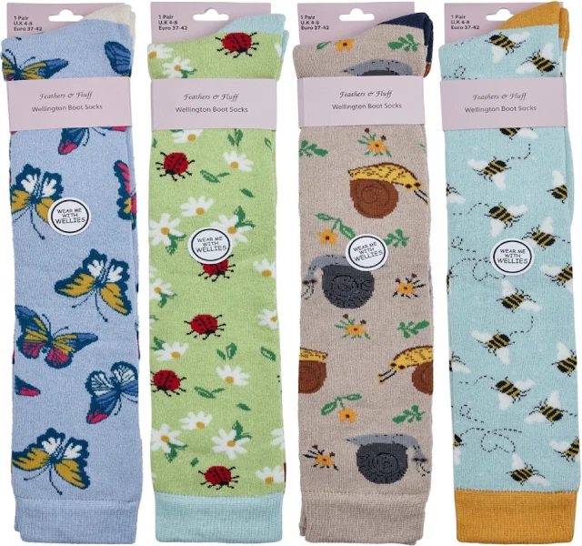 FEATHERS AND FLUFF Ladies/girls Knee High Equestrian Wellington Boot Socks Garden Design 4-8 UK