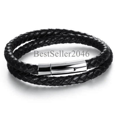 Brazalete brazalete de cuero trenzado negro para hombre con cierre magnético de acero inoxidable 8" Foto 1 de 4