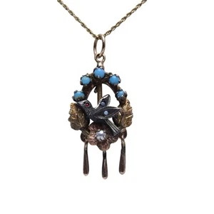 Antique Victorian Tri-Color 14K Gold Swallow Bird Turquoise Pendant Necklace - Picture 1 of 7