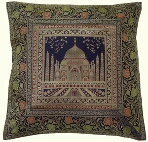 17" Sq Indian Art Silk Woven Zari Borcade Banarasi Cushion Pillow Covers Navy Bl - Picture 1 of 2