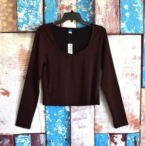 Women's Old Navy Fitted Rib-Knit Shine Top Long Sleeve LARGE Brown NEW - Picture 1 of 8