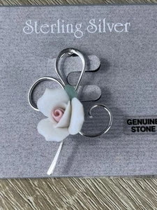 Sterling Silver NEW Rose Floral Pin Brooch Women, Genuine Stone, In Packaging - Picture 1 of 4