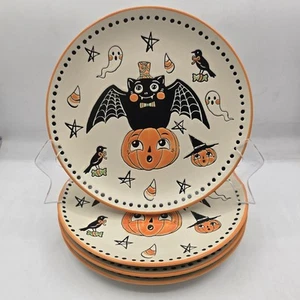 Eli + Ana Halloween 4 SALAD PLATES Creep Show Bats Pumpkin Set - Picture 1 of 3
