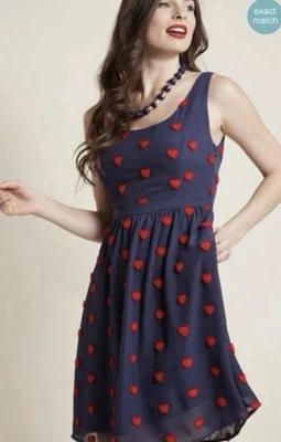 MODCLOTH | Dress Navy Chiffon Fuzzy Heart Appliqué Medium Twee Retro Quirky Sz S - Image 1 of 4