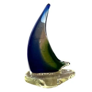Murano Style Hand Blown Sailboat Blue Green Art Glass Boat Vintage 8" - Picture 1 of 6