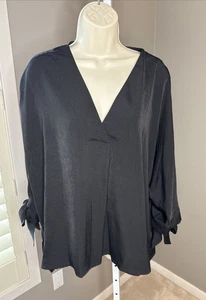 She + Sky Black V Neck Blouse Beautiful Drape Bow Sleeve Detail SZ LARGE - Picture 1 of 9