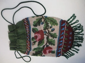 Ant Hand Beaded Floral Design Draw String Purse with Cloth Top and Satin Lining - Picture 1 of 14