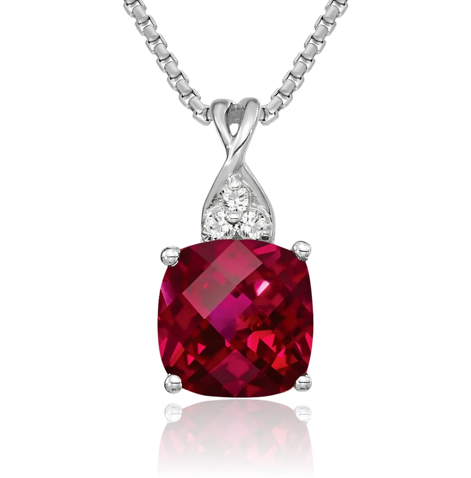 14K Solid White Gold Lab Ruby Diamond Necklace - Image 1 of 1
