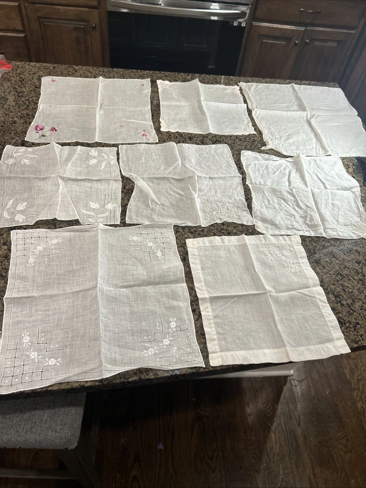 "Lino de colección-cuadrados usados como tapetes o pañuelos 9""-15"" cuadrados DELICADOS 8" Foto 1 de 4