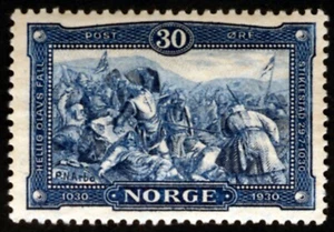 Norway Sc 153 30öre Deep Blue Death of Olaf at Battle of Stiklestad M H F-VF - Picture 1 of 2