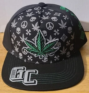 MARIJUANA LEAF SKULL PEACE SIGN DOPE WEED SNAPBACK BASEBALL CAP ( BLACK ) - Picture 1 of 3