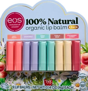 EOS Bio Lippenbalsam Juicy Peach Kamille Minze Vanille Erdbeere, 9er Pack - Bild 1 von 2