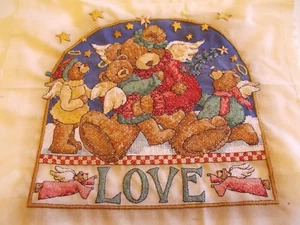 FINISHED HAND EMBROIDERED CROSS STITCH BEARS "LOVE" BY DIMENSIONS 2003 12" X 12" - Picture 1 of 7