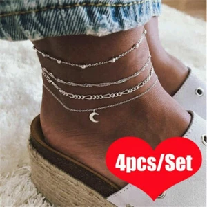 4pcs Silver Ankle Bracelet Women Anklet Adjustable Chain Foot Beach Jewelry - Picture 1 of 12