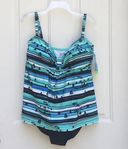 NWT Tropical Escape Fly Away Fauxkini Swimsuit One Piece Blue Black Stripes 18 - Picture 1 of 13