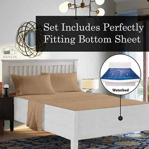 Luxury Bed Sheet Set Super Soft Egyptian Cotton Attached Waterbed Taupe Solid - Picture 1 of 8