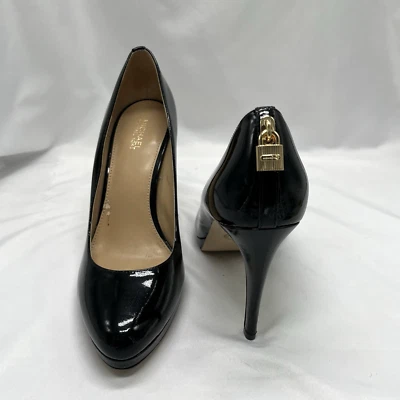 Michael Kors Platform Leather Pumps Heels Black With Gold Lock Accent Size 8 - Image 1 of 4