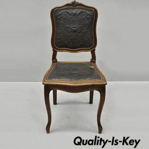 Antique French Louis XV Style Brown Embossed Leather Walnut Dining Side Chair A Cover
