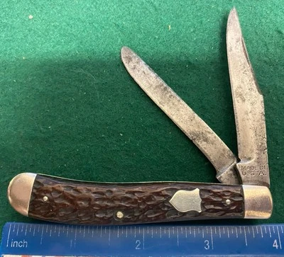 Unknown Maker USA Made Trapper Knife, Jigged Brown Bone Handles - Image 1 of 4