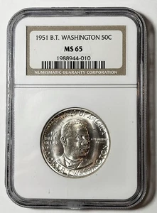 1951-P Booker T. Washington commem Silver Half Dollar, NGC MS65 - Picture 1 of 2