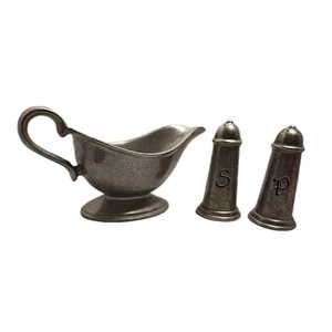 Servidor de salsa de peltre/barco de salsa, agitadores S y P de colección. Juego de 3 USA - Imagen 1 de 7