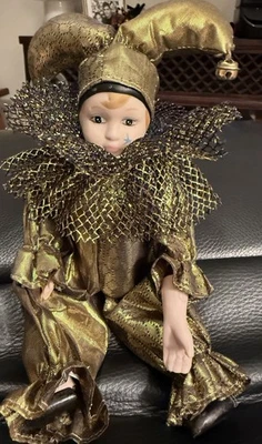 复古可弯曲瓷器和陶瓷小丑娃娃 8 英寸金色剥落小丑套装 — 第 1/4 张图片